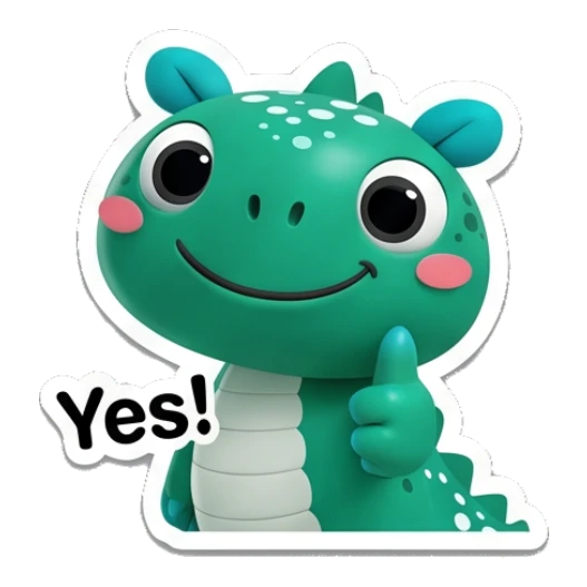 Teal dino giving a thumbs up with Yes! text. Teal Dino Daily Moods sticker for expressive chats and social replies.