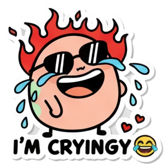 Crying egg with fire hair saying IM CRYING Cool Egg Vibes sticker for expressive chats and social replies.