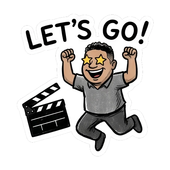 Photographer jumping for joy with star eyes and a clapperboard Studio Life Guy sticker for expressive chats and social replies.