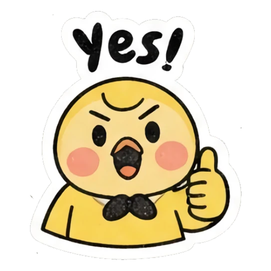 Determined yellow chick giving a thumbs up, text Yes. Gritty Retro Chick sticker for expressive chats and social replies.