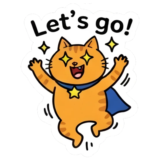 Excited orange cat jumping with star effects. Heroic Orange Cat Adventures sticker for expressive chats and social replies.
