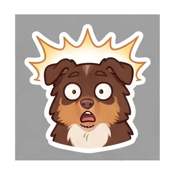 Aussie dog looking shocked with a bright flash effect behind. Cheerful Aussie Buddy sticker for expressive chats and social replies.