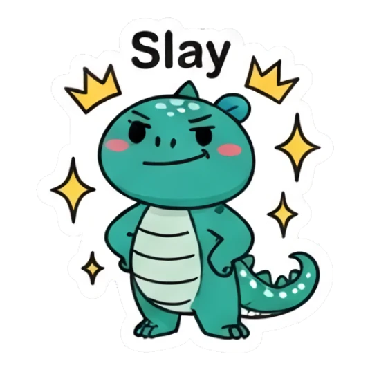 Confident green dinosaur posing with attitude and text Slay Dino Pop Expressions sticker for expressive chats and social replies.