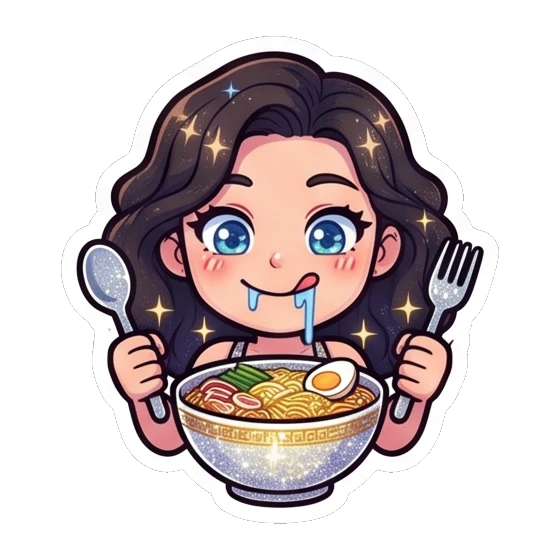 Girl eating a bowl of ramen with a hungry face Sparkly Curly Girl Daily sticker for expressive chats and social replies.