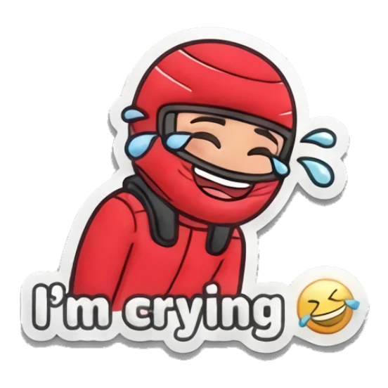 Racer laughing hysterically with tears of joy Red Racer Mascot sticker for expressive chats and social replies.