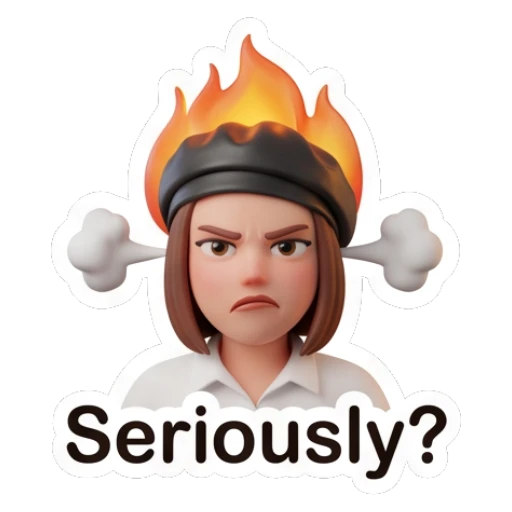 Angry girl in beret with fire on head, text Seriously? Chic Beret Girl sticker for expressive chats and social replies.