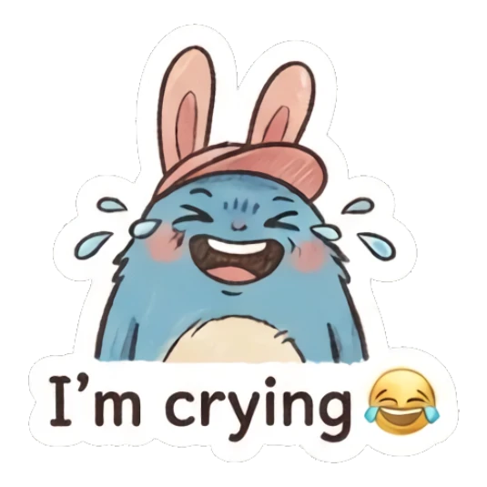 Blue bunny laughing with tears of joy and text I'm crying Furry Blue Bunny Buddy sticker for expressive chats and social replies.