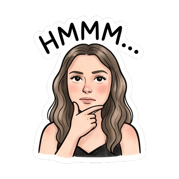 Thoughtful girl touching chin, text HMMM Daily Moods of a Girl sticker for expressive chats and social replies.