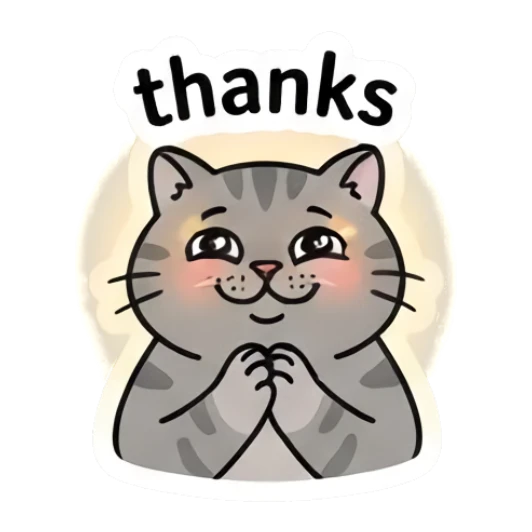 Grey cat smiling with hands together and text thanks Grumpy Grey Cat Daily sticker for expressive chats and social replies.