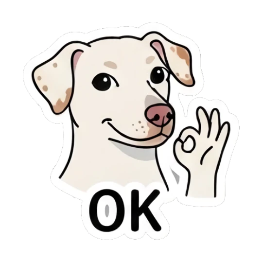 Spotted puppy making an OK hand gesture with text OK Playful Spotted Puppy Expressions sticker for expressive chats and social replies.