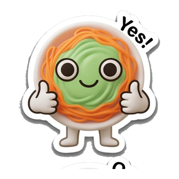 Spaghetti bowl giving double thumbs up with 'Yes!' text, approving. Spaghetti Moods sticker for expressive chats and social replies.