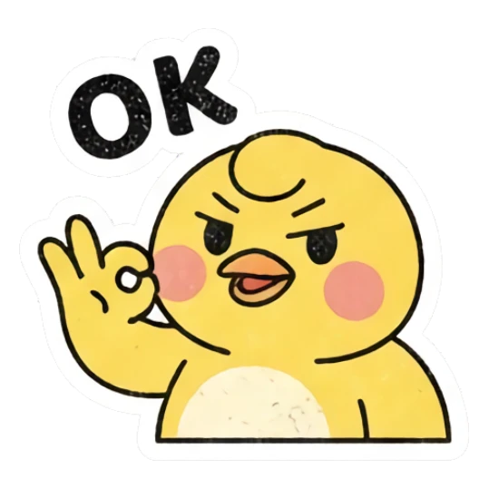 Yellow chick making OK gesture with confident expression Gritty Retro Chick sticker for expressive chats and social replies.