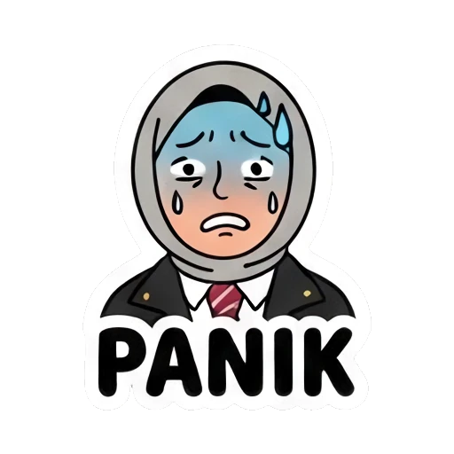 Hijabi student sweating with blue face, PANIK text Hijabi Student Daily Life sticker for expressive chats and social replies.