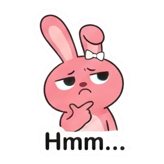 Pensive pink bunny touching chin saying Hmm Pink Bunny Moods sticker for expressive chats and social replies.