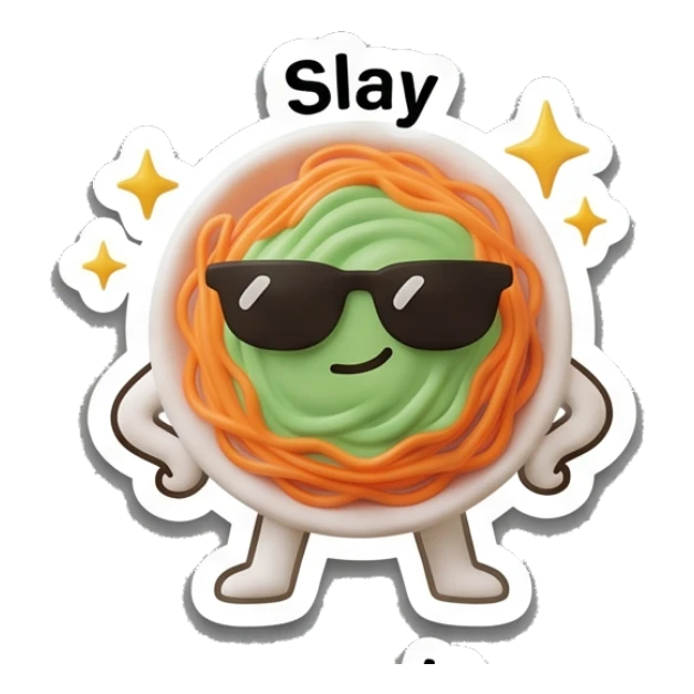 Spaghetti bowl wearing sunglasses with 'Slay' text, confident. Spaghetti Moods sticker for expressive chats and social replies.