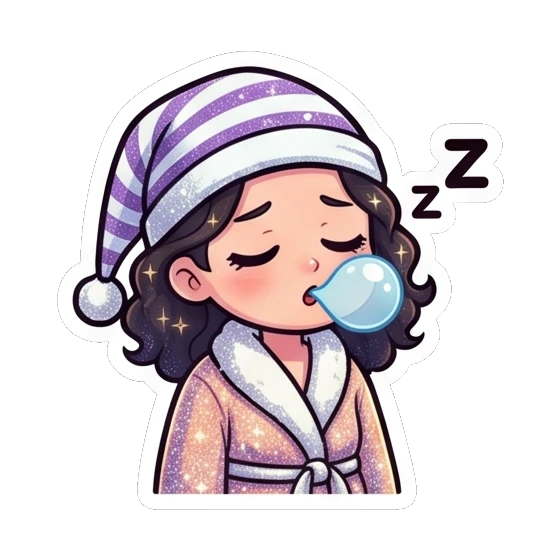Girl sleeping in pajamas with a bubble and Zs Sparkly Curly Girl Daily sticker for expressive chats and social replies.