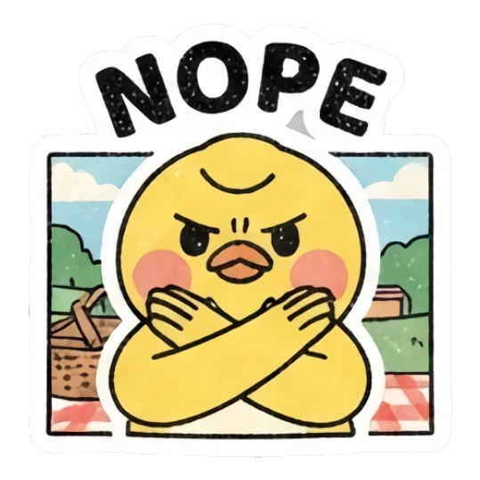 Stubborn yellow chick crossing arms in refusal Gritty Retro Chick sticker for expressive chats and social replies.