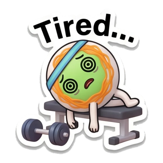 Exhausted noodle character slumped over a bench with dizzy eyes and text Tired... Gym Noodle Buddies sticker for expressive chats and social replies.