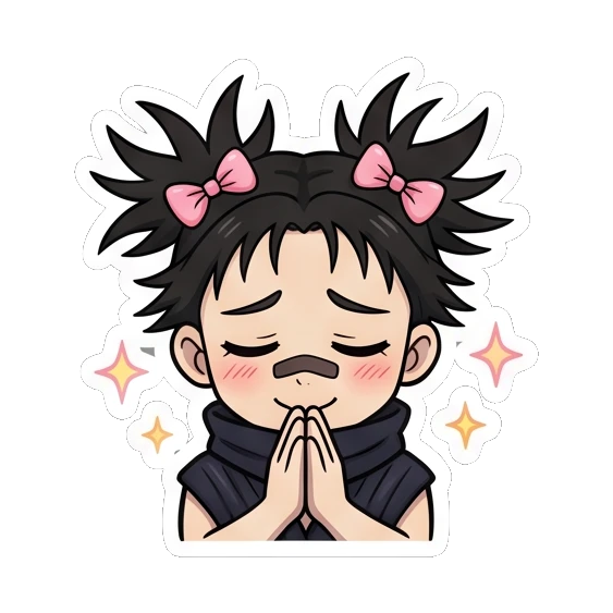Ninja girl praying with a peaceful and happy expression. Spiky Hair Ninja Girl sticker for expressive chats and social replies.