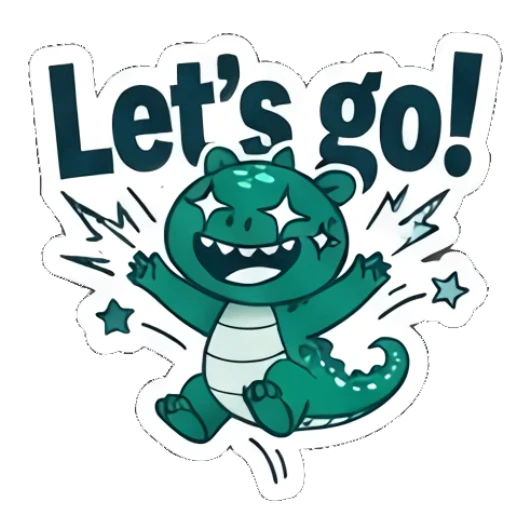 Energetic dinosaur jumping with excitement and text Let's go Teal Dino Daily Vibes sticker for expressive chats and social replies.