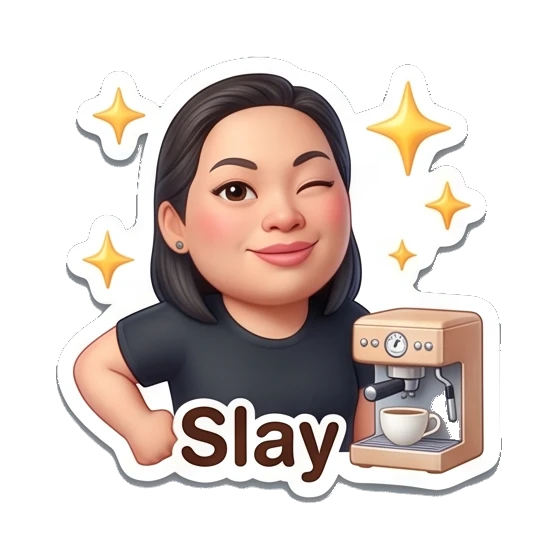 Woman posing confidently with espresso machine, text Slay Coffee Lover Daily Expressions sticker for expressive chats and social replies.