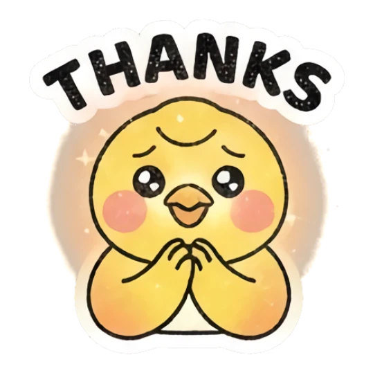 Grateful yellow chick with hands together thanking Gritty Retro Chick sticker for expressive chats and social replies.