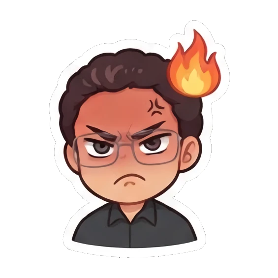 Curly-haired man looking angry with a flame above his head. Curly Haired Guy Expressions sticker for expressive chats and social replies.
