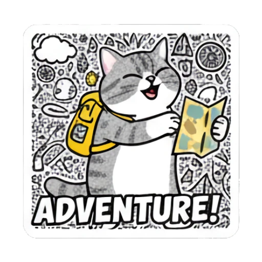 Adventurous cat with backpack and map with text ADVENTURE Doodle Cat Daily Vibes sticker for expressive chats and social replies.