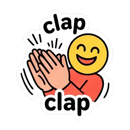 Excited buzz-cut man clapping hands, text clap. Buzz Cut Guy Daily Vibes sticker for expressive chats and social replies.