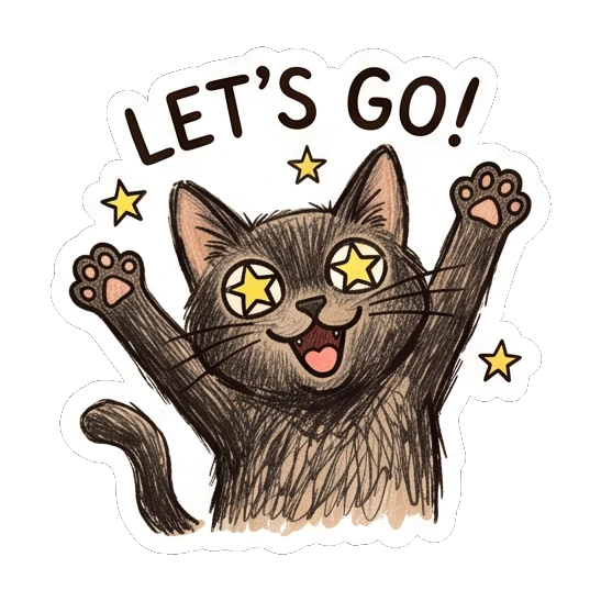 Excited black cat with star eyes and LETS GO text Charcoal Sketch Kitties sticker for expressive chats and social replies.