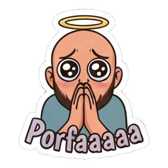 Bald man with puppy eyes praying, text Porfaaaaa Bald Guy Daily Vibes sticker for expressive chats and social replies.