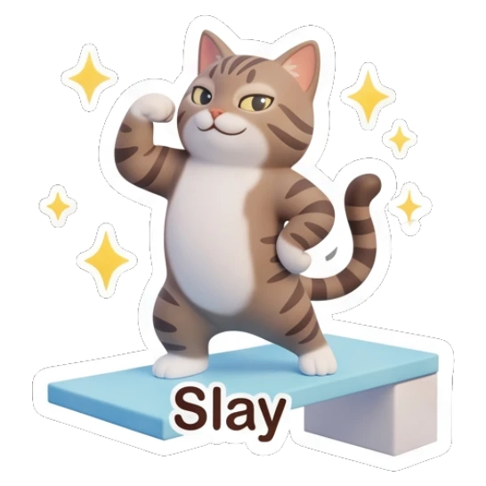 Tabby cat posing confidently on a diving board, text Slay Tabby Cat Daily Vibes sticker for expressive chats and social replies.