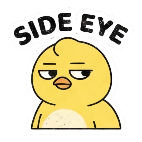 Skeptical yellow chick giving a side eye look Gritty Retro Chick sticker for expressive chats and social replies.
