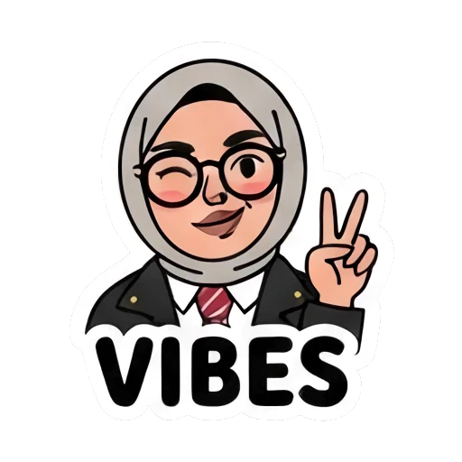 Hijabi student winking with peace sign, VIBES text Hijabi Student Daily Life sticker for expressive chats and social replies.