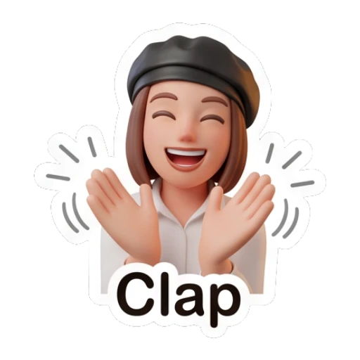 Cheerful girl in beret clapping hands, text Clap. Chic Beret Girl sticker for expressive chats and social replies.
