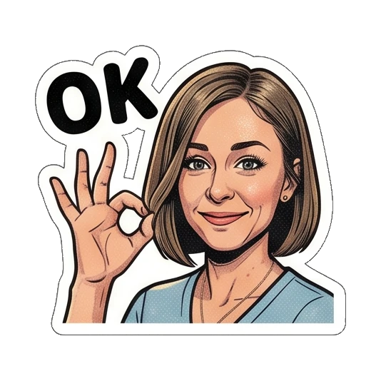 Woman making OK gesture with smile, text OK Retro Comic Office Lady sticker for expressive chats and social replies.