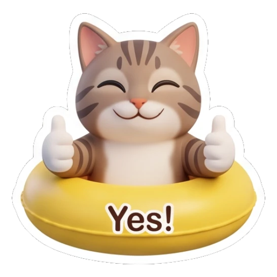 Tabby cat giving thumbs up in a yellow floatie, text Yes Tabby Cat Daily Vibes sticker for expressive chats and social replies.