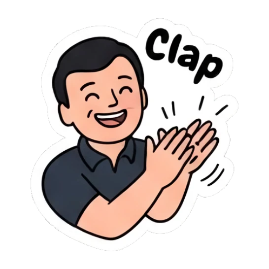 Man clapping hands with a happy expression saying Clap. Everyday Office Guy sticker for expressive chats and social replies.