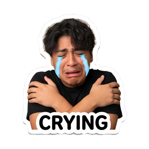 Young man hugging himself and crying, text 'CRYING' Daily Life of a Cool Guy sticker for expressive chats and social replies.