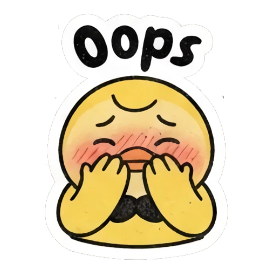 Embarrassed yellow chick blushing and covering face, text Oops. Gritty Retro Chick sticker for expressive chats and social replies.
