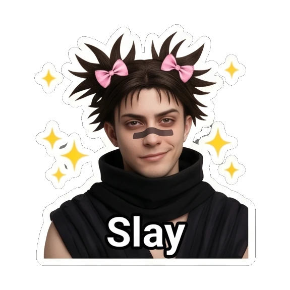 Confident young man with a smirk and sparkles with text Slay Spiky Hair Boy Reactions sticker for expressive chats and social replies.