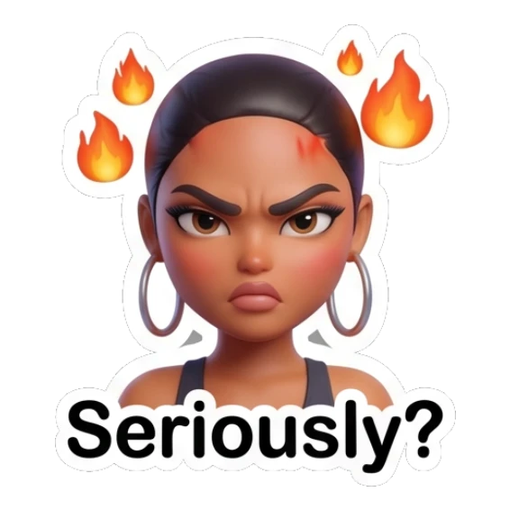 Annoyed girl with fire symbols around her head, text says Seriously? Modern Chic Girl Expressions sticker for expressive chats and social replies.