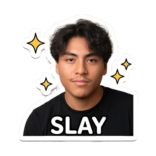 Young man looking confident and stylish, text 'SLAY' Daily Life of a Cool Guy sticker for expressive chats and social replies.