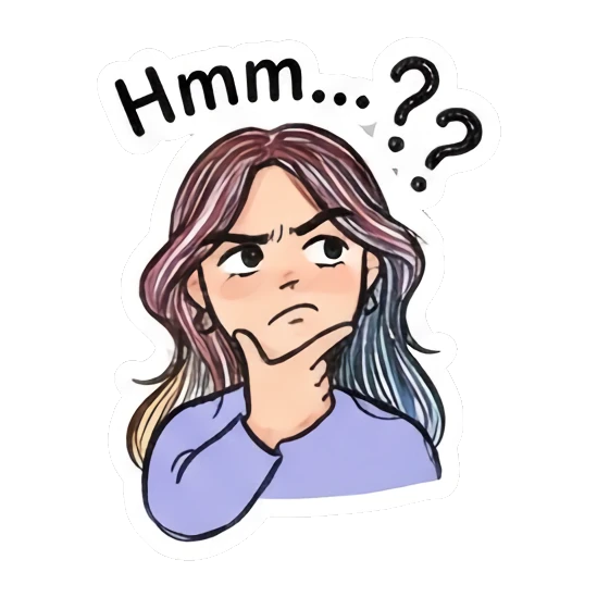Girl thinking with a hand on chin, text 'Hmm...??' Daily Doodle Girl Vibes sticker for expressive chats and social replies.