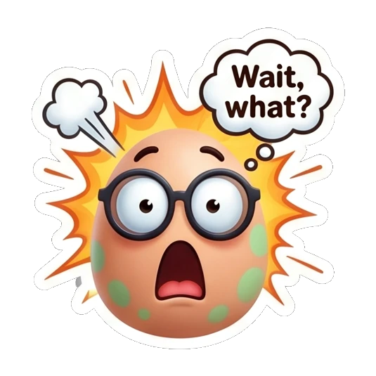 Spotted egg with glasses looking shocked, text Wait, what? Cool Spotted Egg Expressions sticker for expressive chats and social replies.