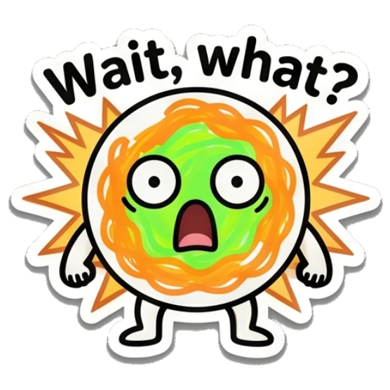 Surprised spaghetti character with wide eyes and 'Wait, what?' text. Spaghetti Buddy Expressions sticker for expressive chats and social replies.