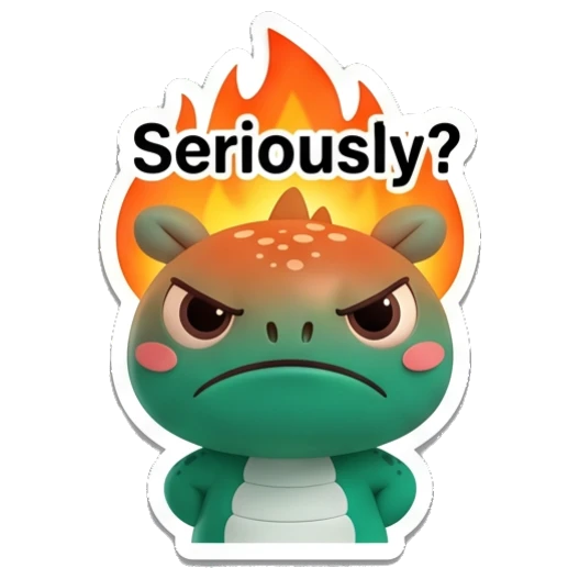 Teal dino angry with fire background and Seriously? text. Teal Dino Daily Moods sticker for expressive chats and social replies.