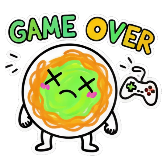 Noodle character defeated with game controller and text 'GAME OVER' Scribble Noodle Pals sticker for expressive chats and social replies.