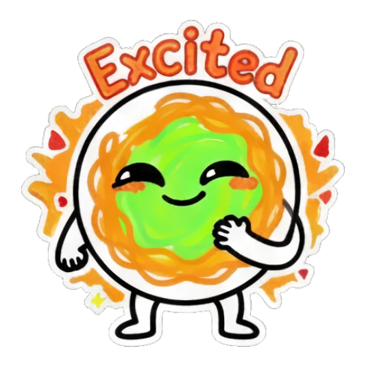 Spaghetti character looking excited and happy with 'Excited' text. Spaghetti Doodle Pals sticker for expressive chats and social replies.