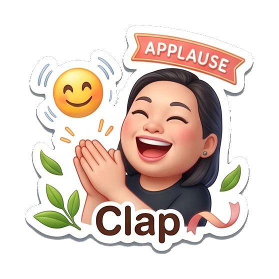 Woman clapping hands with applause text, text Clap Coffee Lover Daily Expressions sticker for expressive chats and social replies.